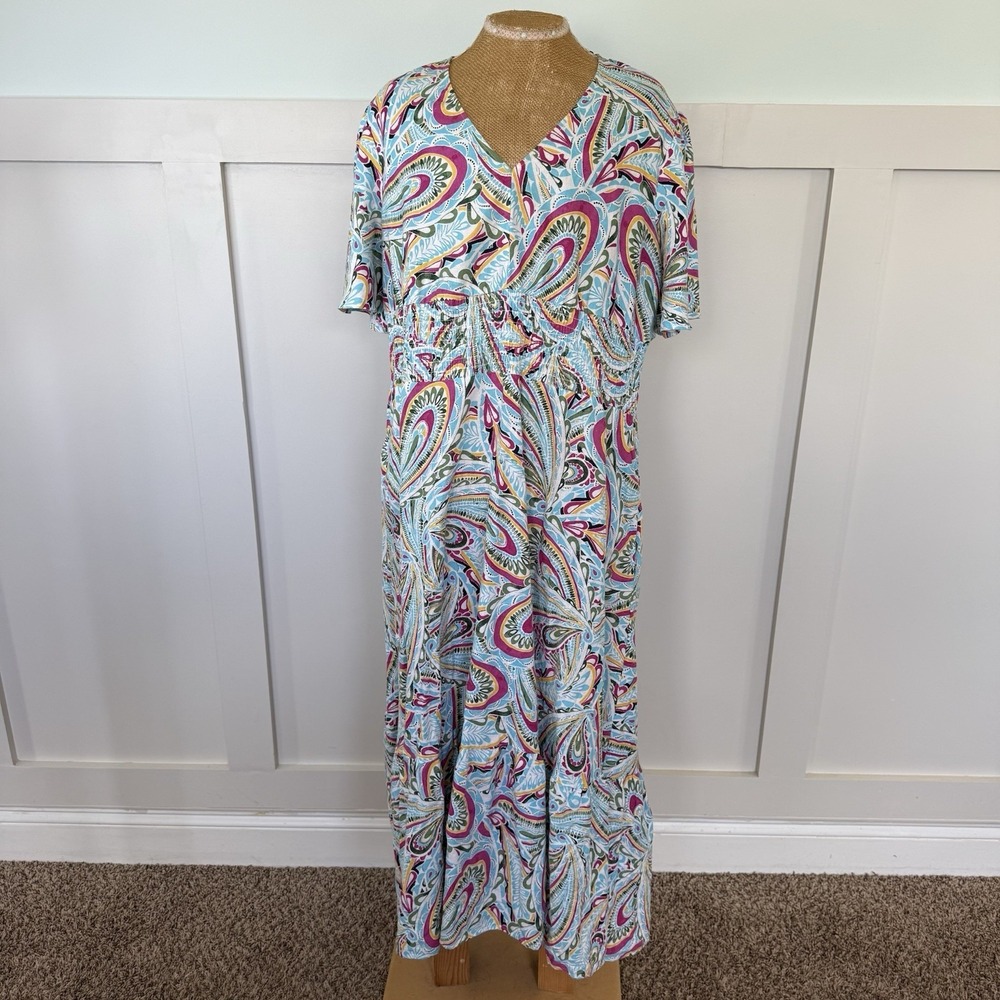 New York & Co. Maxi Dress LARGE Linen Blend Paisley Smocked Waist Pockets